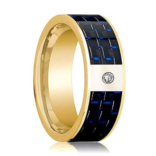 Mens Wedding Band 14K Yellow Gold and Diamond with Blue & Black Carbon Fiber Inlay Flat Polished Design