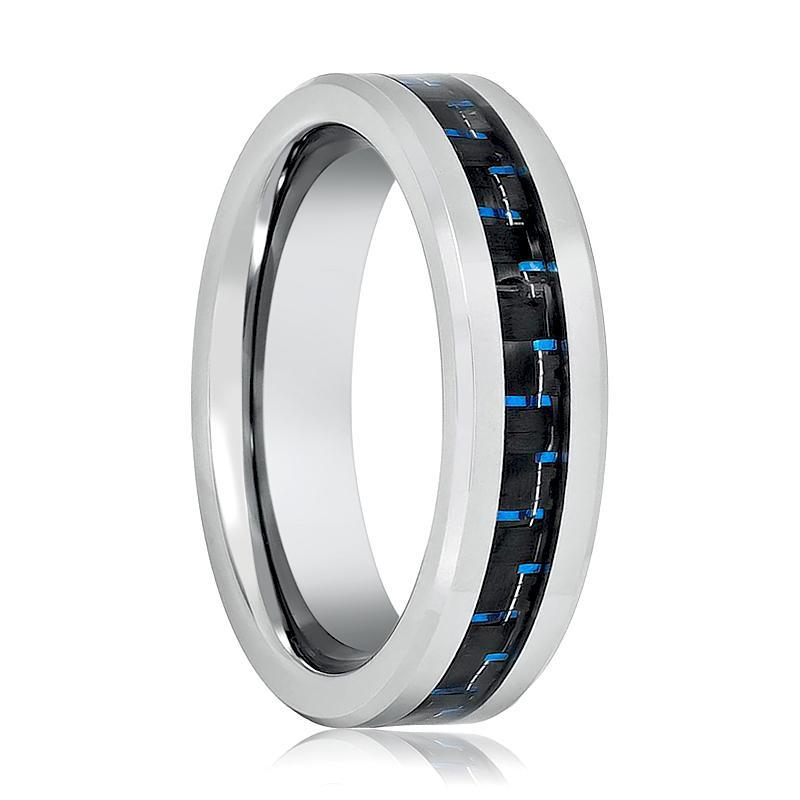 Silver Mens Tungsten Band Black Blue Carbon Fiber Center Inlay Tungsten Carbide Wedding Ring