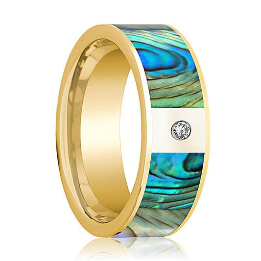 Mens Wedding Band 14K Yellow Gold with Mother of Pearl Inlay and Diamond Flat Polished Design - AydinsJewelry