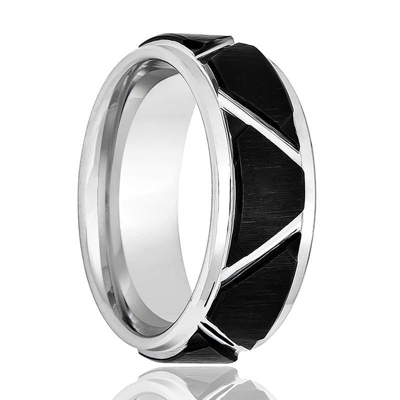 Silver Mens Tungsten Band Black Trapezoid Design Center 8mm Tungsten Carbide Wedding Ring