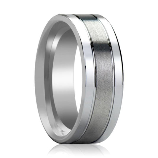 Tungsten Wedding Band Flat with Grooves Polished Edges and Brush Center Tungsten Carbide Ring 6mm, 8mm