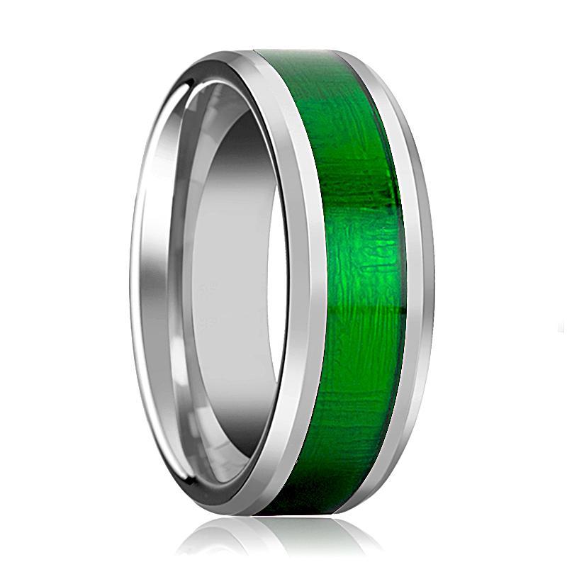 Tungsten Textured Green Inlay - Tungsten Wedding Band - Beveled - Polished Finish - 8mm - Tungsten Wedding Ring - AydinsJewelry