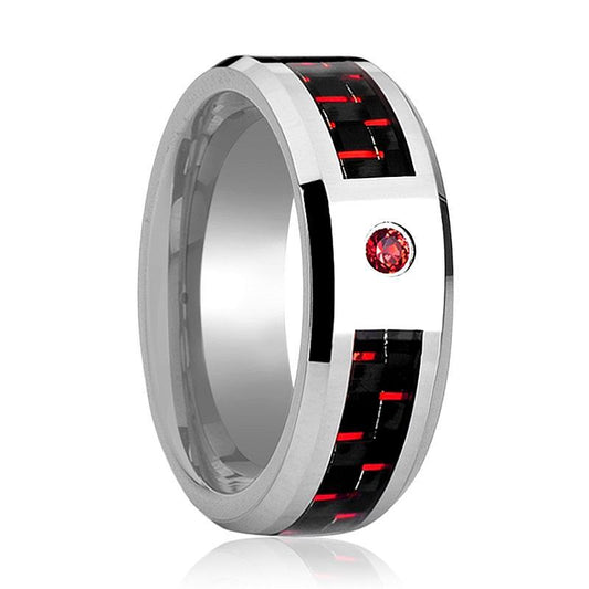 Red Diamond Wedding Band - Tungsten Ring - Red and Black Tungsten - Red Carbon Fiber - Beveled Edge - Tungsten Wedding Band - 8mm