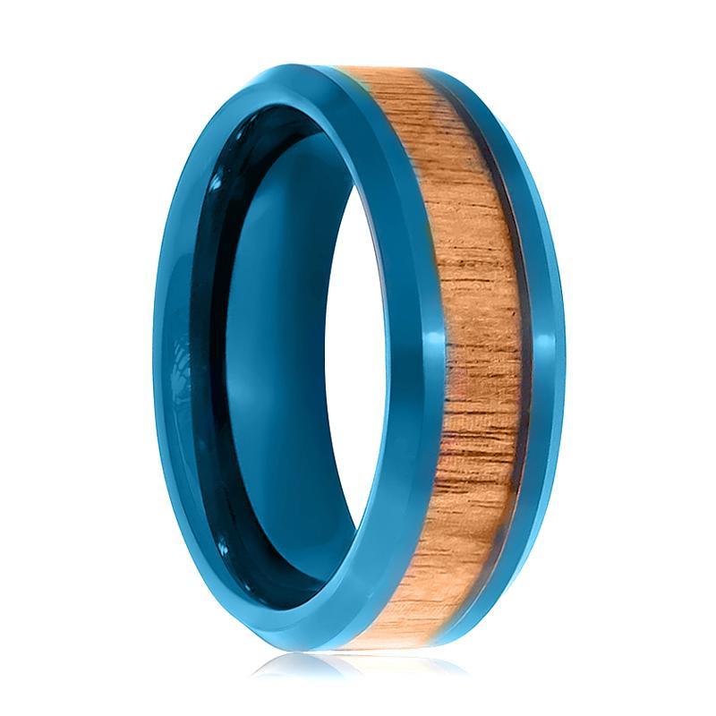 Prussian Blue Inner Ring with Hawaiian Koa Wood Inlay Beveled Edge 8mm Tungsten Wedding Band