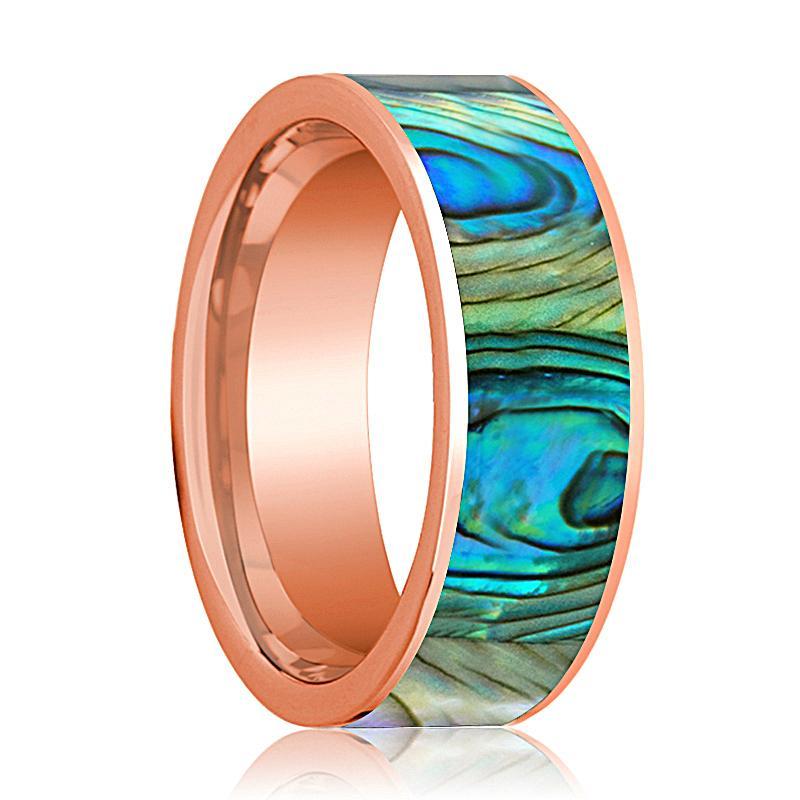 Mens Wedding Band 14K Rose Gold with Mother of Pearl Inlay Flat Polished Design - AydinsJewelry