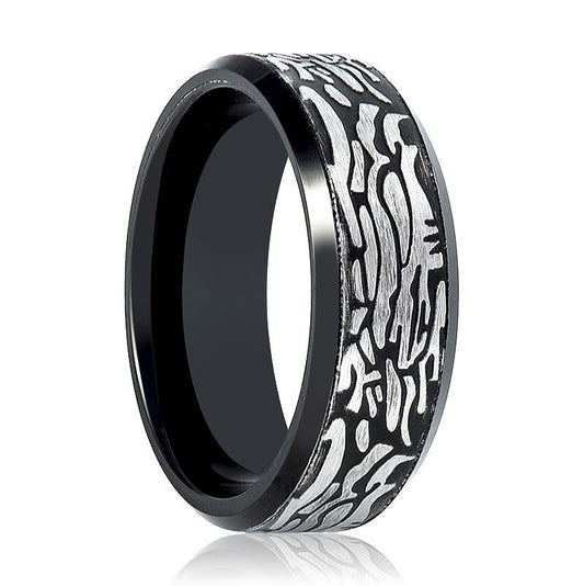 Tungsten Mens Ring Black Laser Carved Rock Art Pattern Tungsten Carbide Wedding Band