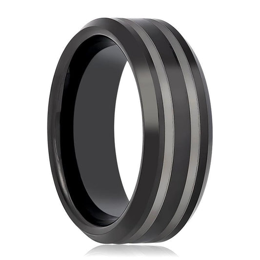 Tungsten Mens Wedding Band Black Double Line Laser Engraved 8mm Tungsten Carbide Ring