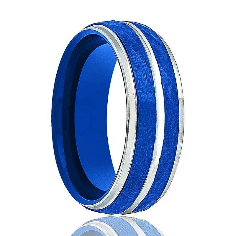 Tungsten Wedding Ring Two-Tone Silver & Blue Hammered Finish Stepped Edges 8mm Tungsten Carbide Ring