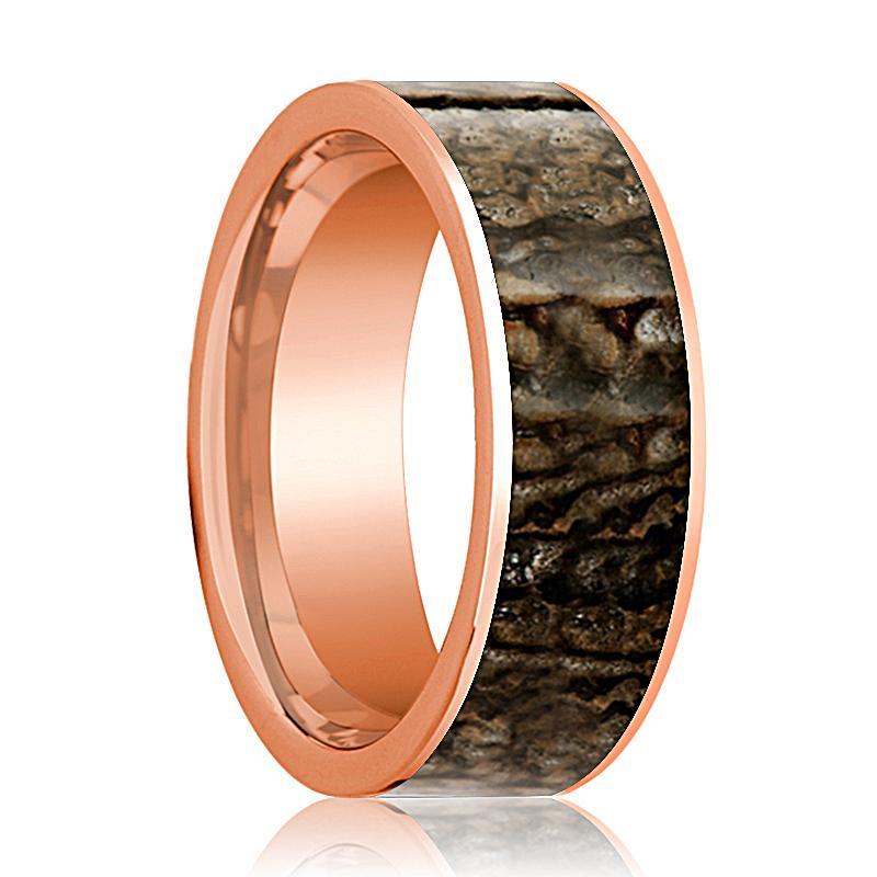Dinosaur Bone Ring - Brown Dinosaur Bone - Flat Polished 14K Rose Gold - Polished Finish - 8mm - 14k Rose Gold Wedding Ring - AydinsJewelry