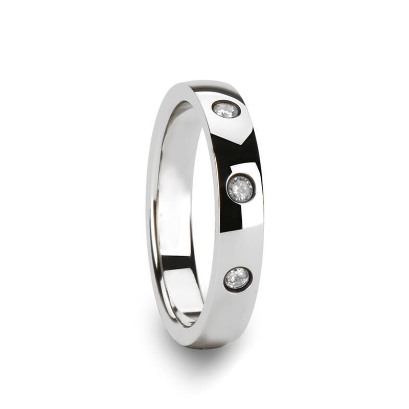 White Diamond Wedding Ring - Tungsten Ring - Silver Tungsten - 3 Diamonds - Tungsten Wedding Band - 4mm - AydinsJewelry