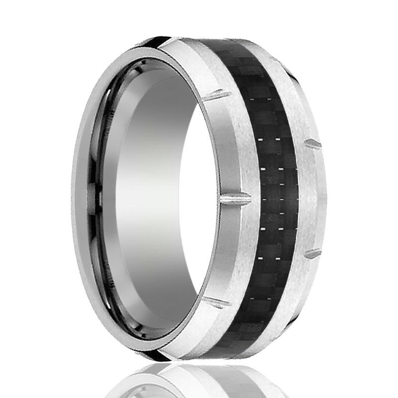Mens Tungsten Wedding Band w/ Carbon Fiber Inlay & Multiple Grooved Edges 10mm Tungsten Carbide Ring