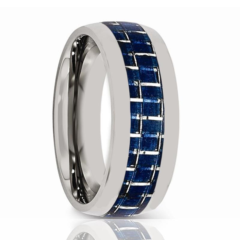Mens Tungsten Wedding Band w/ Blue Carbon Fiber Inlay Domed 8mm Tungsten Carbide Ring