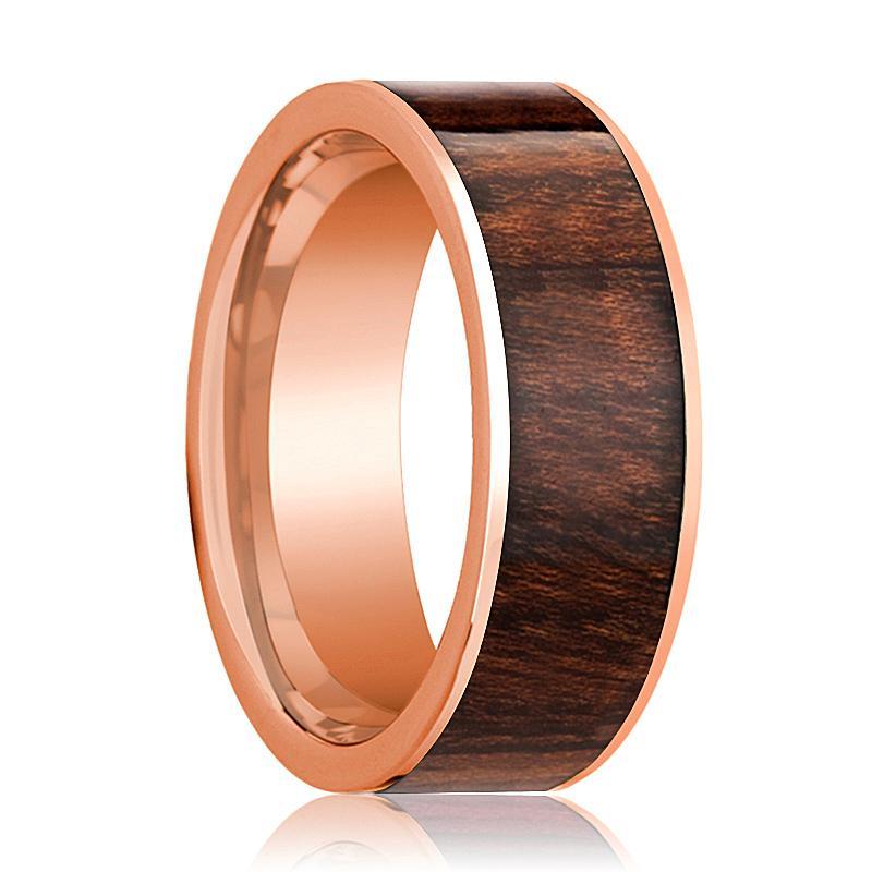 Mens Wedding Band Polished Flat 14k Rose Gold Wedding Ring with Carpathian Wood Inlay - 8mm - AydinsJewelry