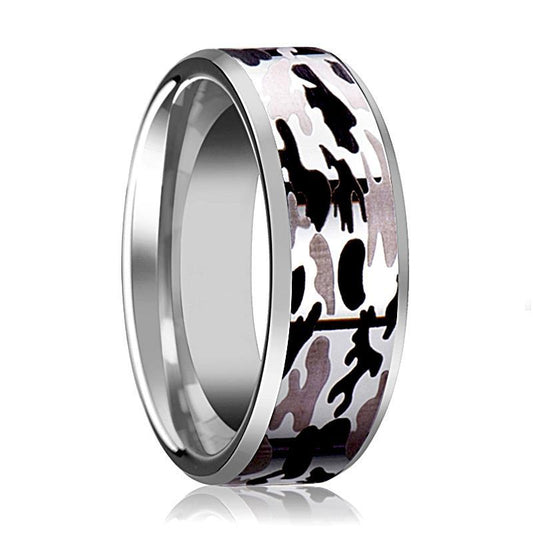 Tungsten Camo Ring - Black and Gray Camo - Tungsten Wedding Band - Beveled - Polished Finish - 8mm - Tungsten Wedding Ring