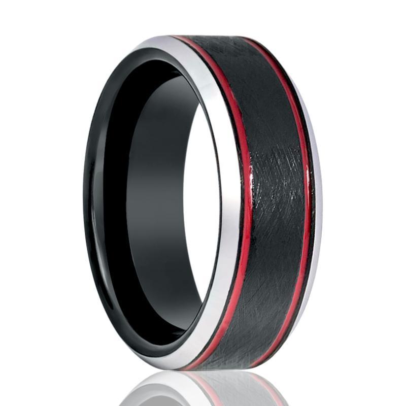 Tungsten Mens Wedding Band Black Wire Brushed w/ Double Red Groove Silver Polished Beveled Edges 8mm Tungsten Carbide Ring