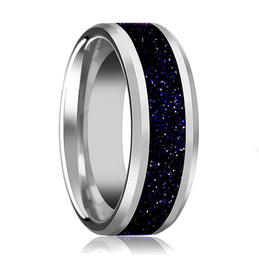 Tungsten Purple Goldstone Inlay - Tungsten Wedding Band - Beveled - Polished Finish - 8mm - Tungsten Wedding Ring - AydinsJewelry