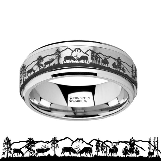 Animal Landscape Scene - Deer Stag Mountain Range - Spinning Tungsten Ring - Spinner Laser Engraved - Tungsten Carbide Wedding Band - 8mm - AydinsJewelry