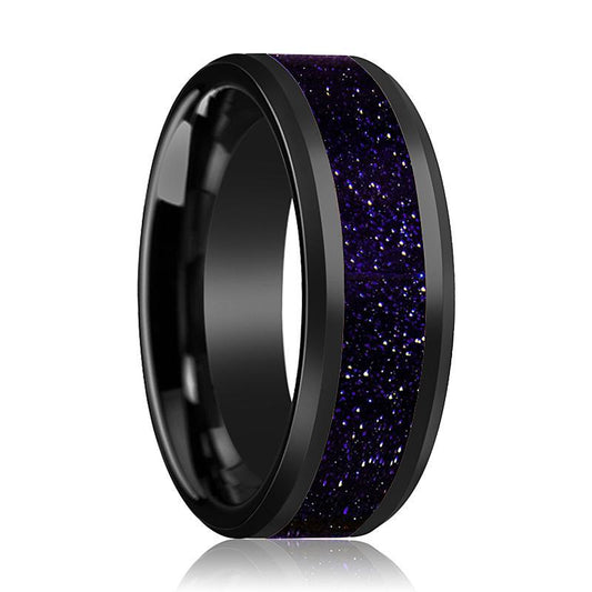EZRA Black Ceramic Ring with Purple Gold stone Inlay - AydinsJewelry