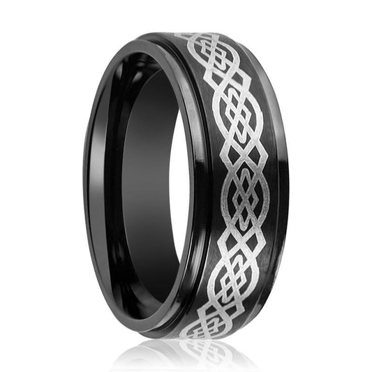 Tungsten Carbide Mens Band Black Celtic Knot Design Engraved Center Stepped Edge 7mm, 9mm Tungsten Wedding Ring