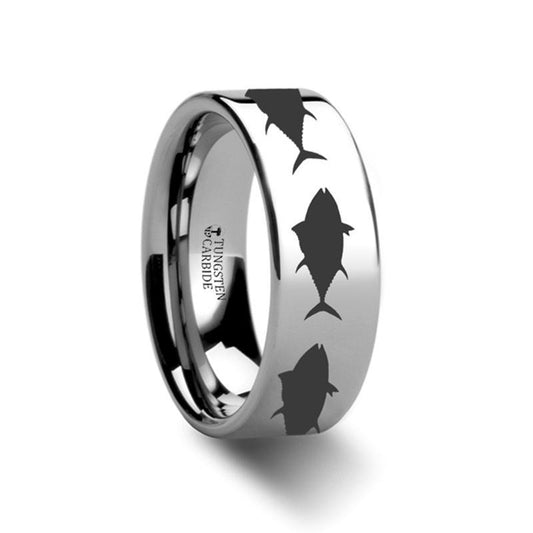 Sea Pattern - Tuna Fish Jumping - Sea Print Ring - Laser Engraved - Flat Tungsten Ring - 4mm - 6mm - 8mm - 10mm - 12mm - AydinsJewelry