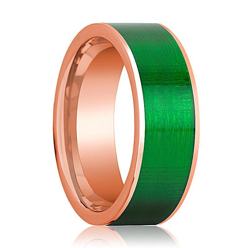 Mens Wedding Band 14K Rose Gold with Textured Green Inlay Flat Polished Design - AydinsJewelry