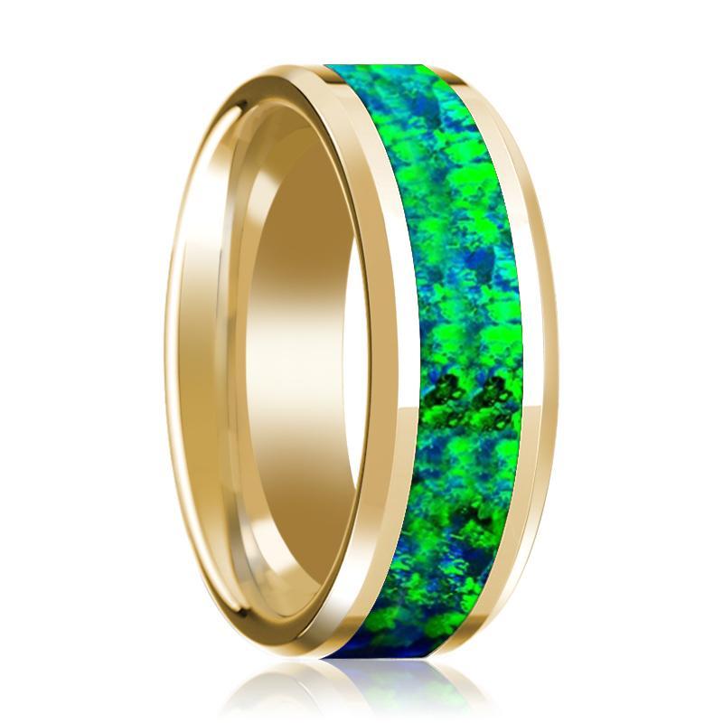 14K Yellow Gold Wedding Band with Emerald Green and Sapphire Blue Opal Inlay Beveled Edges - AydinsJewelry