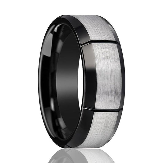 Tungsten Ring Two-tone w/ Multiple Brushed Vertical Grooves Wedding Band 8mm Tungsten Carbide Wedding Ring