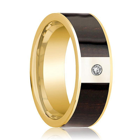 Mens Wedding Band Polished 14k Yellow Gold Flat Wedding Ring with Ebony Wood Inlay & Diamond - 8mm - AydinsJewelry