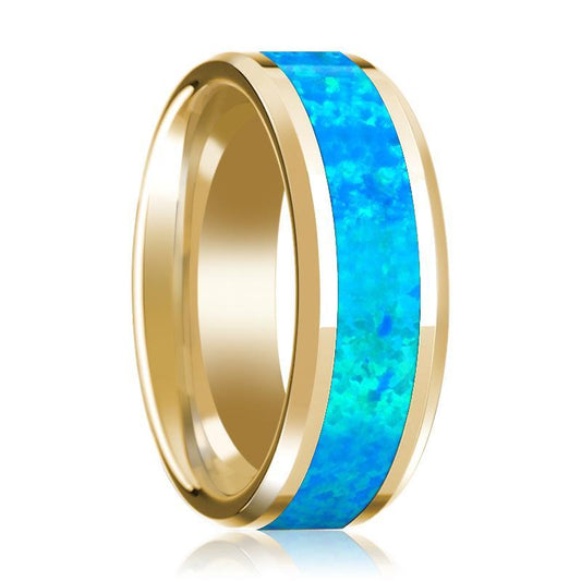Blue Opal Inlay Beveled Edge Mens Wedding Band 14K Yellow Gold Polished Design - AydinsJewelry