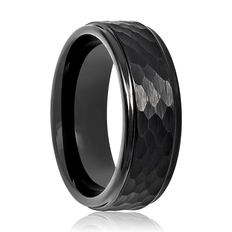 Tungsten Carbide Mens Band Black Hammered Stepped Edge 6mm, 8mm Tungsten Wedding Ring