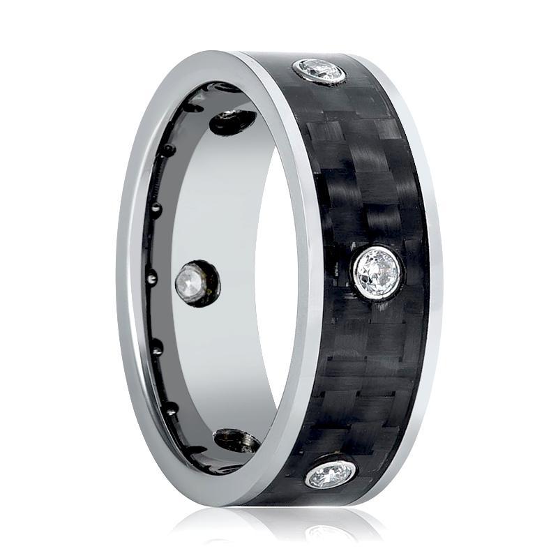 Mens Tungsten Wedding Band Carbon Fiber Inlay w/ 6 White CZ Stones 8mm Tungsten Carbide Ring