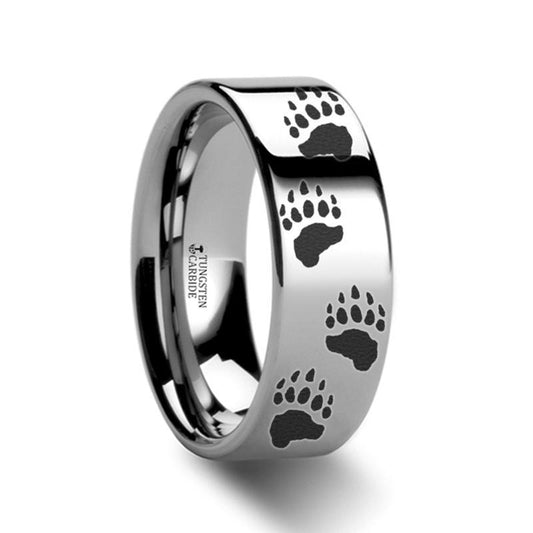 Animal Design Ring - Bear Paw Print - Bear Track - Laser Engraved - Flat Tungsten Ring - 4mm - 6mm - 8mm - 10mm - 12mm - AydinsJewelry