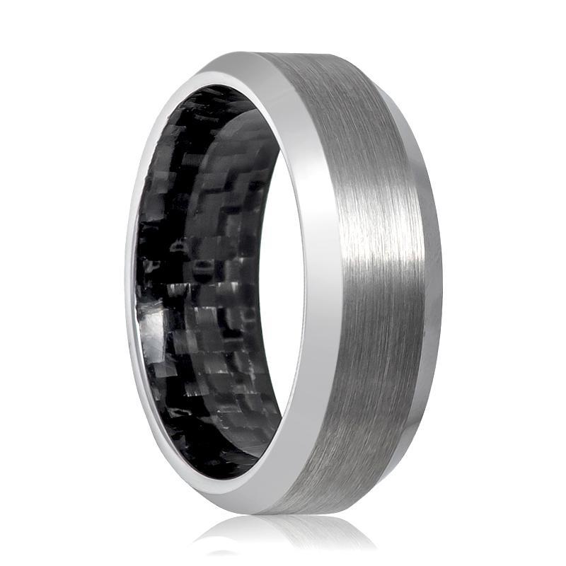 Tungsten Wedding Band Silver Brushed Beveled Carbon Fiber Inside the Band Tungsten Carbide