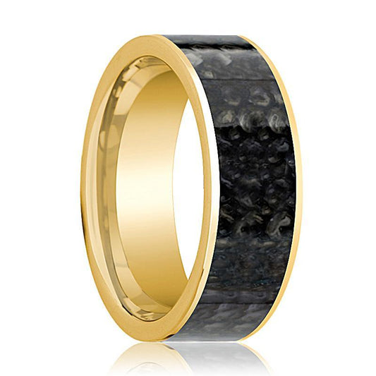 Dinosaur Bone Ring - Blue Dinosaur Bone Inlay - Flat Polished 14K Yellow Gold - Polished Finish - 8mm - 14k Gold Wedding Ring - AydinsJewelry