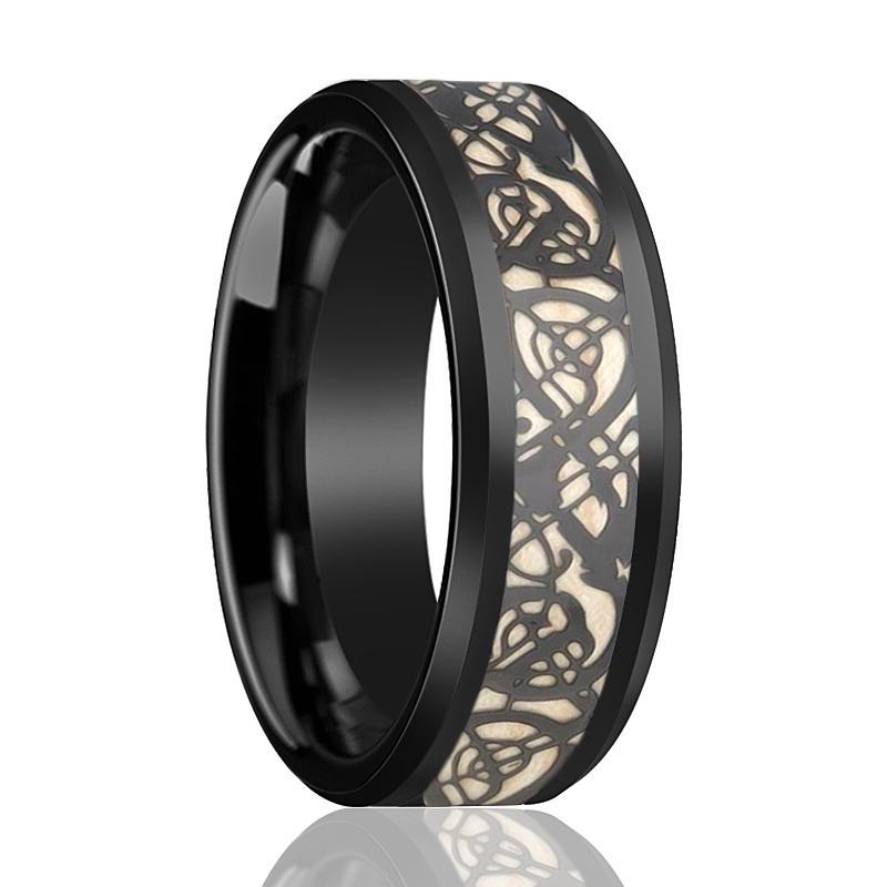 Tungsten Ring Black Shiny Polished w/ Celtic Design Cutout  Inlay Wedding Band 8mm Tungsten Carbide Wedding Ring