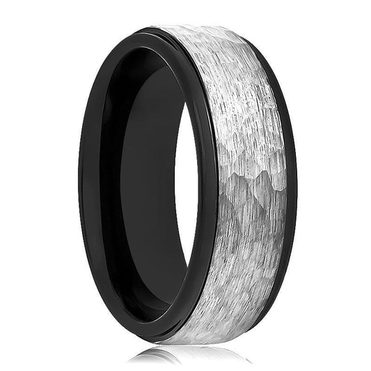 Tungsten Ring Two-tone Black & Grey Hammered Center Stepped Edge Wedding Band 6mm, 8mm Tungsten Carbide Wedding Ring