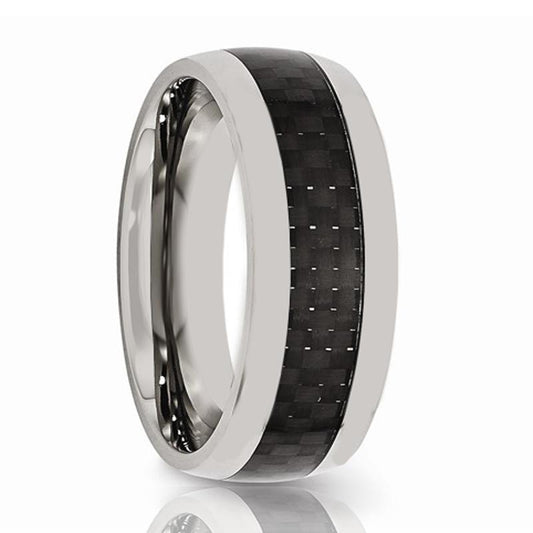 Mens Tungsten Wedding Band w/ Black Carbon Fiber Inlay Domed 8mm Tungsten Carbide Ring