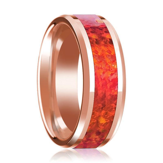 Red Opal Inlay Beveled Edge Mens Wedding Band 14K Rose Gold Polished Design