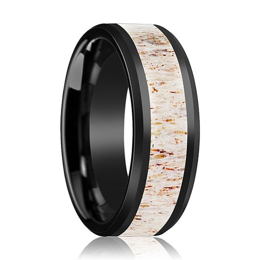 Black Ceramic Ring - Off White Antler Inlay - Ceramic Wedding Band - Beveled - Polished Finish - 8mm - Ceramic Wedding Ring - AydinsJewelry