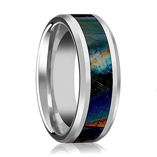 Tungsten Wedding Band Spectrolite Inlay Mens Tungsten Ring Beveled Polished Finish Tungsten Carbide
