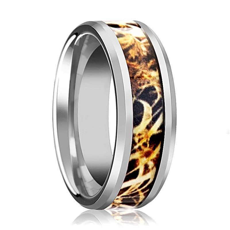 Camo Wedding Band - Silver Tungsten - Leaves Grassland - Tungsten Wedding Band - Beveled - Polished Finish - 8mm - Tungsten Wedding Ring