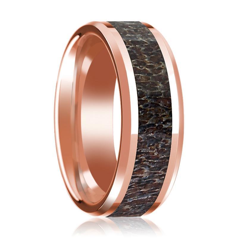 14K Rose Gold Wedding Ring with Dark Deer Antler Inlay Beveled Edge and Polished - AydinsJewelry