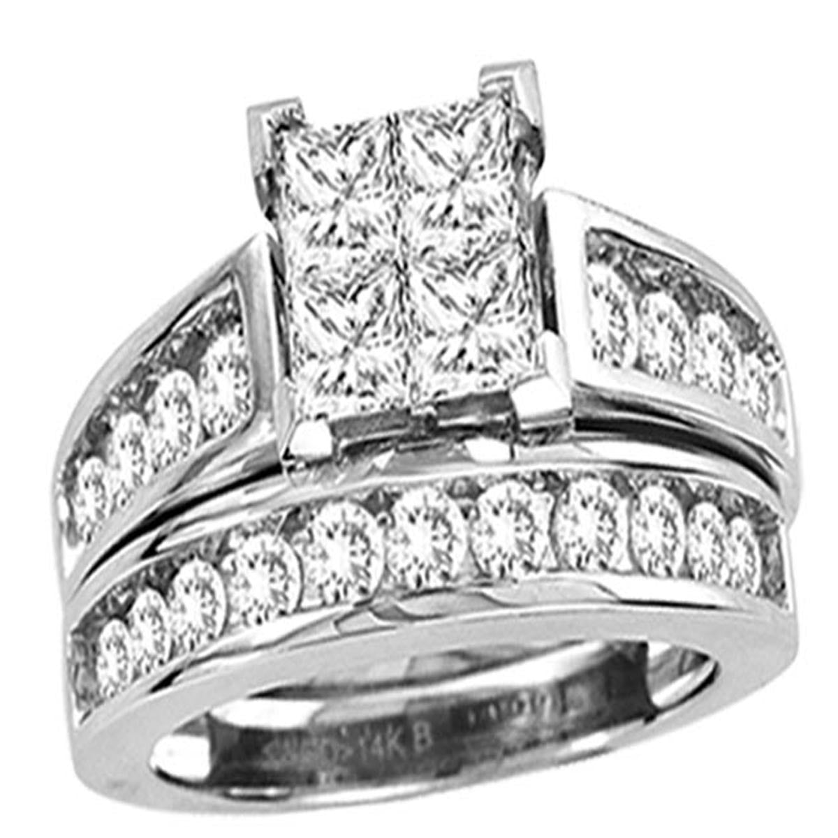 14k white gold 1.50ctw Princess cut round diamond Engagement ring set