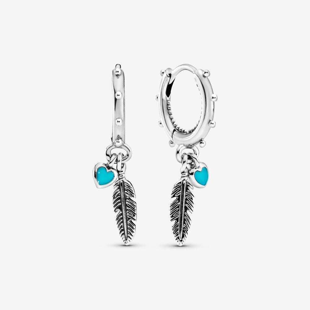 Turquoise Hearts and Feather Hoop Earrings