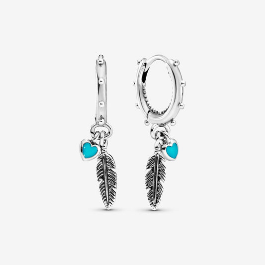 Turquoise Hearts and Feather Hoop Earrings