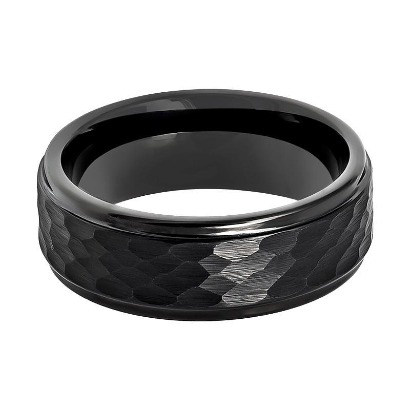 Tungsten Carbide Mens Band Black Hammered Stepped Edge 6mm, 8mm Tungsten Wedding Ring