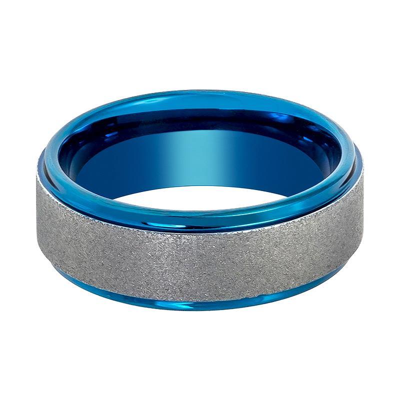 Sandblasted Stepped Edge Tungsten Wedding Ring Blue and Silver