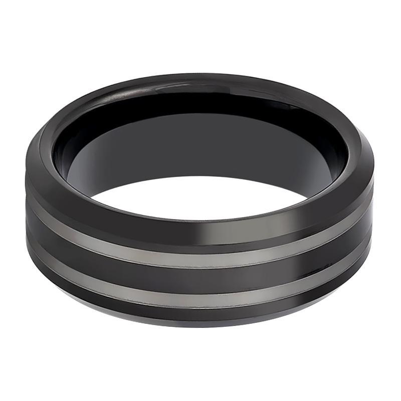 Tungsten Mens Wedding Band Black Double Line Laser Engraved 8mm Tungsten Carbide Ring