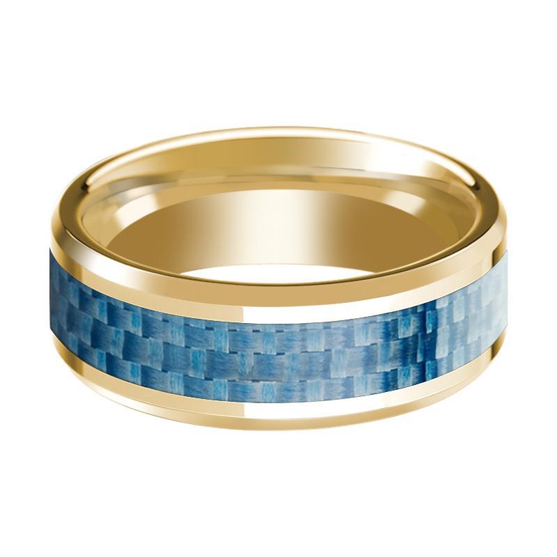 14K Yellow Gold Wedding Band with Blue Carbon Fiber Inlay Beveled Edge Polished Ring