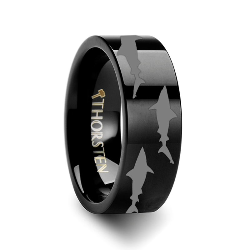 Sea Pattern - Shark Predator Fish - Sea Print Ring - Laser Engraved - Flat Tungsten Ring - 4mm - 6mm - 8mm - 10mm - 12mm - AydinsJewelry